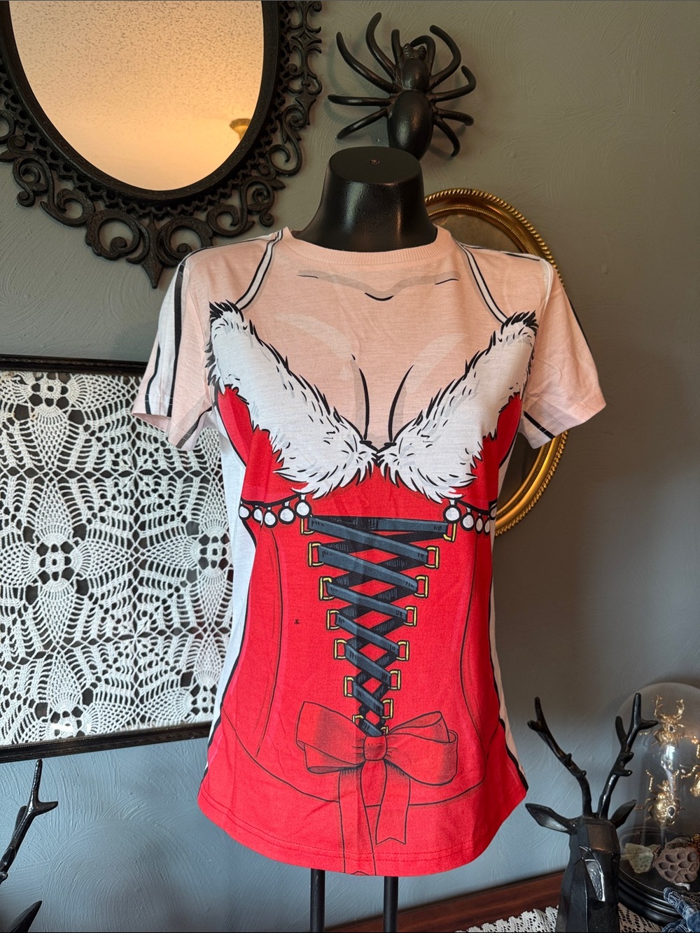 Novelty Santa Corset Graphic Tee - Red and Pink